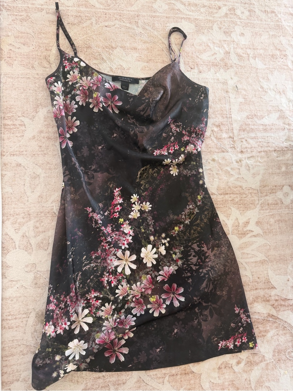 AllSaints Black Floral Cowl Neck Slip Mini Dress